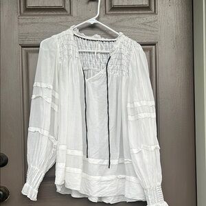 Anthropologie White Smocked Tie Front Blouse. M worn once